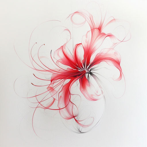 Dreamy tattoo sketch of a red spider lily with soft blurs and a mystical aura