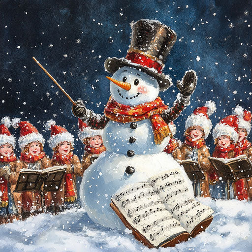 Snowman leading a choir of carolers in the snow