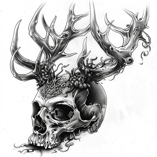 Detailed black and gray deer skull tattoo design with intricate antlers on white background