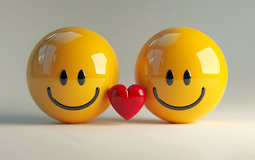 Two yellow smiles with a heart between them on white background in 3D