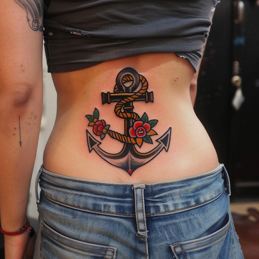 Lower back tattoo of an anchor, Sailor Jerry style