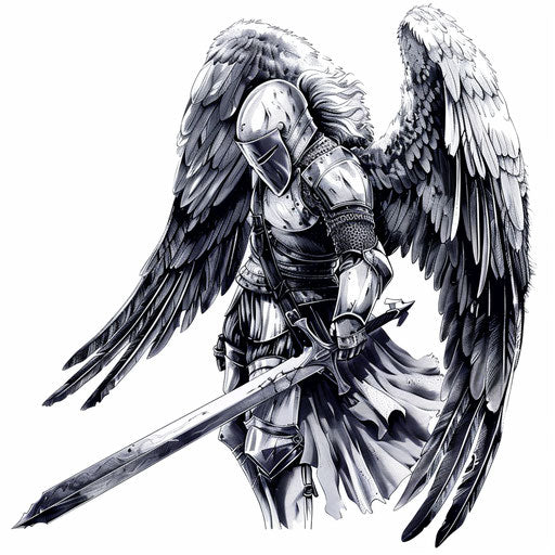 Guardian angel in battle armor, wielding a sword, majestic wings spread out, tattoo on white background