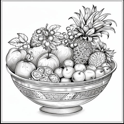 Joyful fruit salad in the style of Gennady Spirin, coloring page