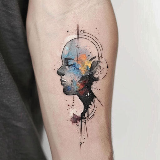 Elegant flat tattoo sketch with watercolor effects of a soul merging with the universe
