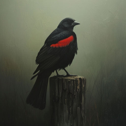 Black bird with red wings on a wooden post