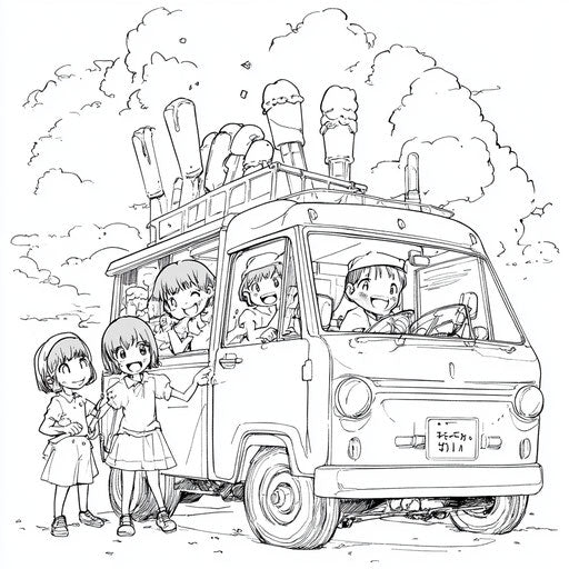 Anime-style ice cream truck with happy children, coloring book page