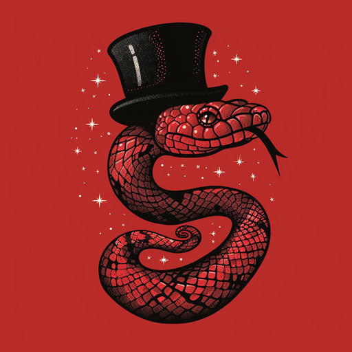 Playful flat tattoo sketch of a cartoon red snake wearing a top hat