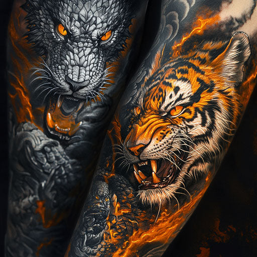 Japanese sleeve tattoo with dragon and tiger face-off