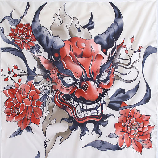 Neo-traditional oni head with floral motifs and sharp details, bright colors on white sheet