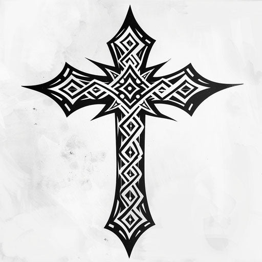 Stylized cross with bold tribal patterns and sharp angles