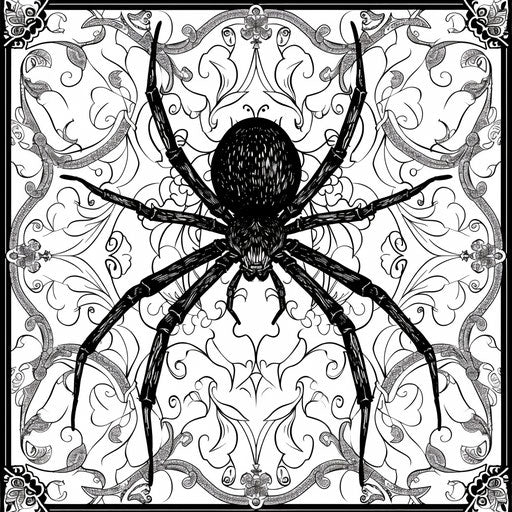 A black widow in a chic, elegant setting with refined patterns