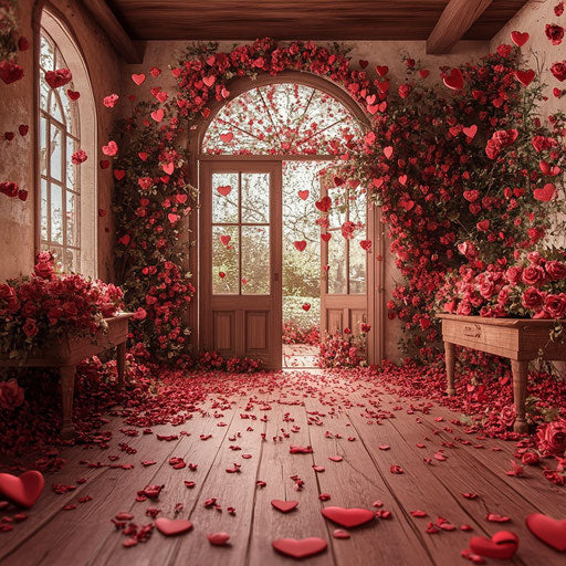 Valentine's Day backdrop with heart-shaped roses and hearts