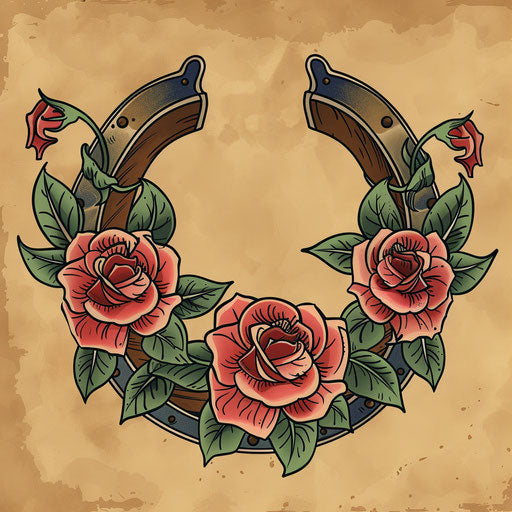 Vintage clipart of a horseshoe with roses in a Victorian style