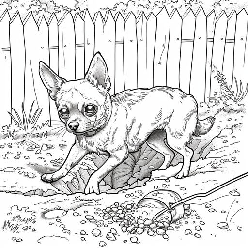 A playful Chihuahua digging a hole in the backyard.