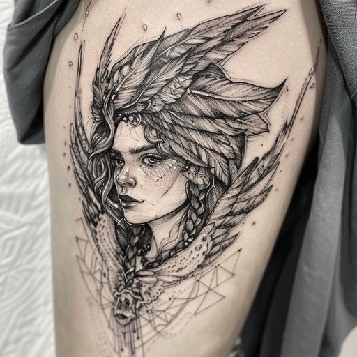 Classic flat tattoo sketch of Freya with detailed feathered cloak