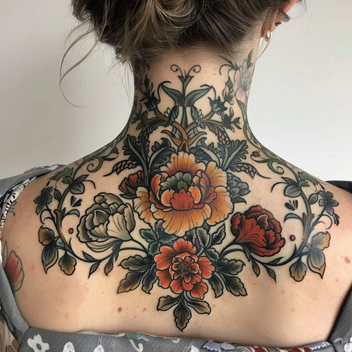 Female neck tattoos, floral designs à la Merian