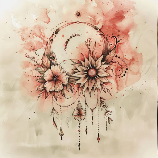 Enchanting tattoo sketch of a sun and moon with floral motifs, soft watercolor effect