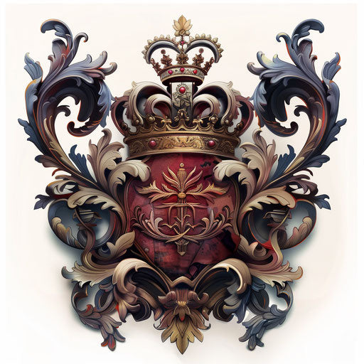 Baroque-inspired king tattoo with elaborate scrolls and crest