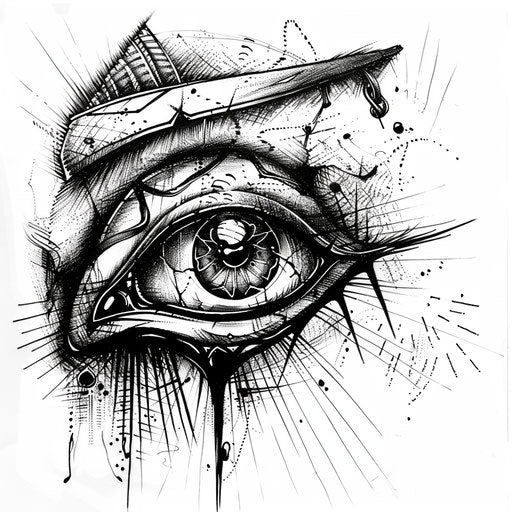 Illustrative Eye of Horus tattoo design with storytelling elements from Egyptian mythology on white background