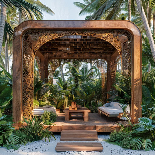 Tropical beach cabana with intricate wooden design and lush greenery