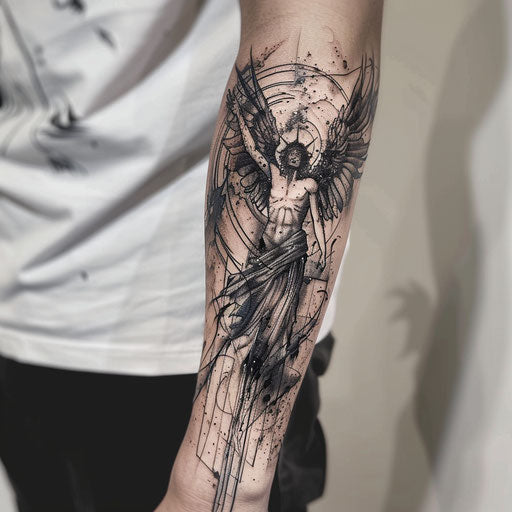 Surrealist guardian angel tattoo on white canvas