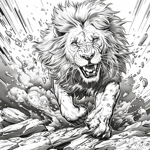 Lion in action in a coloring book page in the style of Mike Zeck