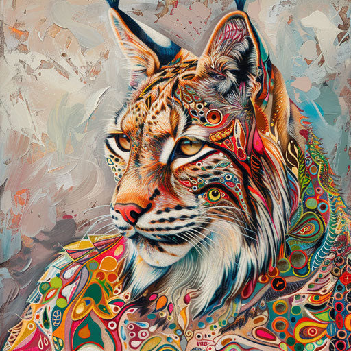 Artistic interpretation of a lynx made of colorful abstract patterns