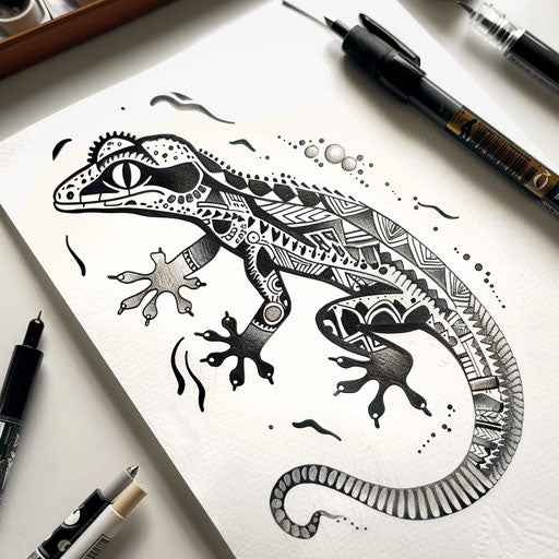 Exotic flat tattoo sketch of a gecko with traditional Polynesian motifs