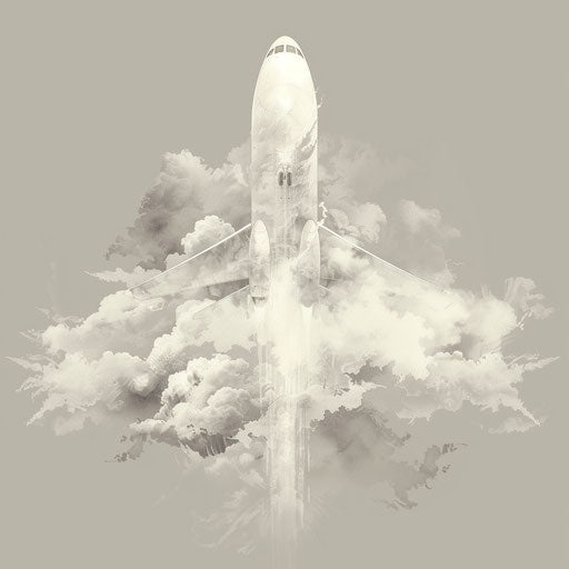 Eerie flat tattoo sketch of a ghostly plane emerging from clouds, clipart style
