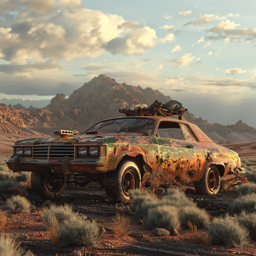 Post-apocalyptic 1976 Malibu Classic with armored plating and survival gear, in a desolate landscape