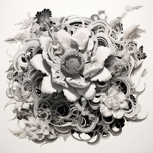 Black and white flower on white background, Jim Woodring style