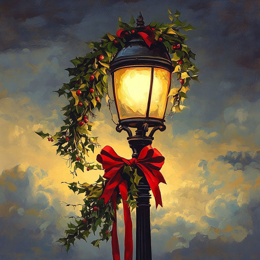 Vintage street lamp adorned with mistletoe and ribbons