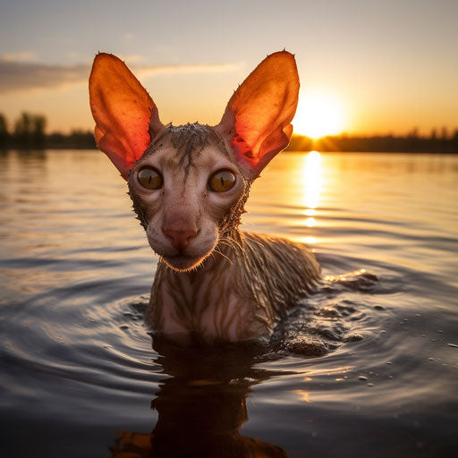 Cornish Rex swimming in a lake by the shore