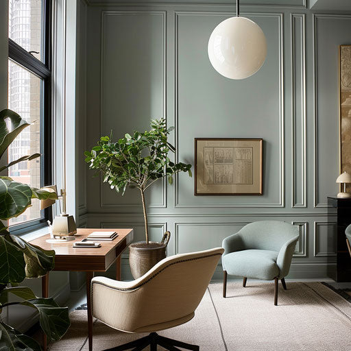 Serene home office with calming colors and indoor plants