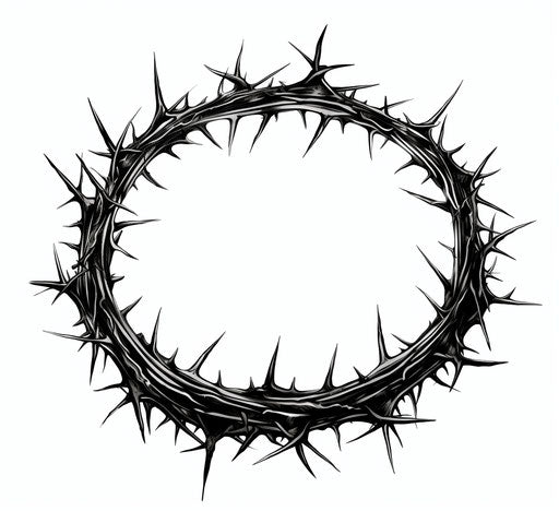 Empty crown of thorns on white background, traditional gothic graphic style, sharp and symmetrical