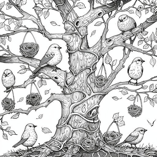 Whimsical tree filled with birds and nests, perfect for spring