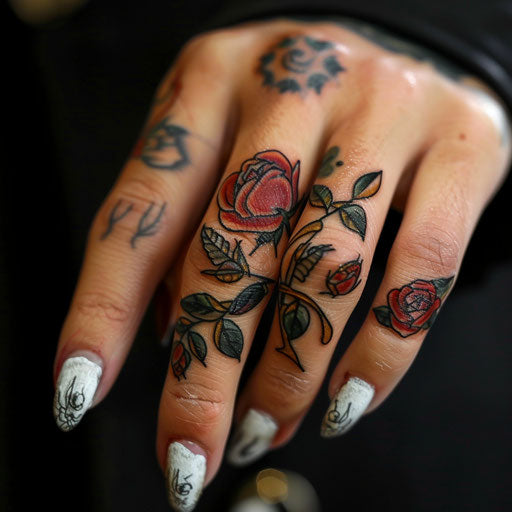 Finger tattoos for women in the style of Ed Hardy with classic roses and thorns