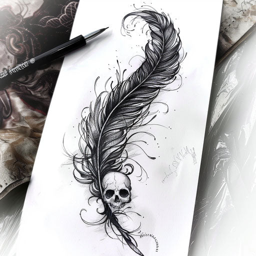 Gothic feather tattoo design, dark elements and skulls