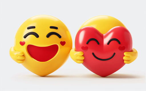 Two cute yellow smiley faces holding a red heart