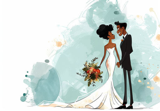 Cute wedding couple, cartoon illustration in bold colors