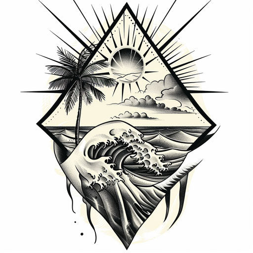 Stylized beach scene with Art Deco patterns on white