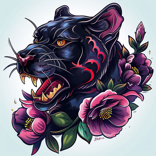Neo-traditional black panther tattoo, rich in color and detail