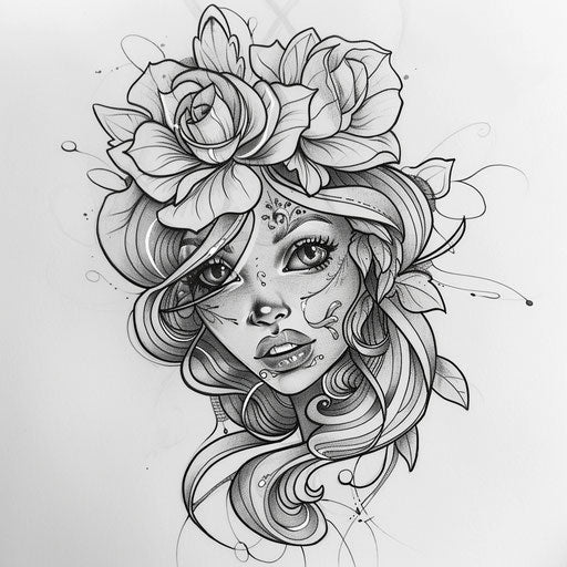 Tattoo sketch of gypsy rose with playful, cartoon features