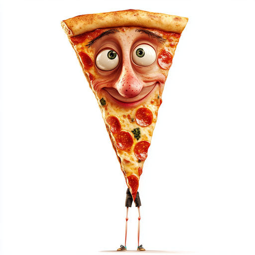 Humorous caricature of a pizza slice with human traits