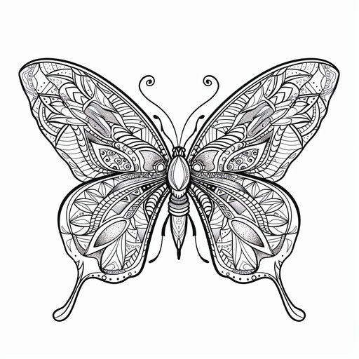 Butterfly with tribal art patterns on its wings. Coloring book page