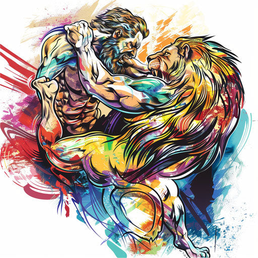 Vibrant color tattoo sketch of Hercules wrestling a lion in a minimalist clipart style