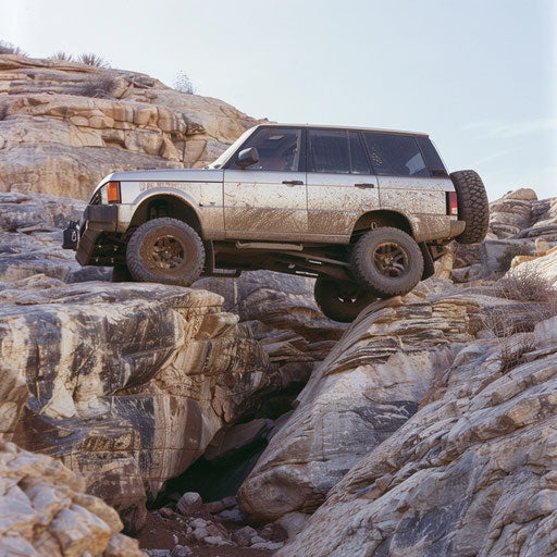 Armored off-road vehicle climbs over big rocks