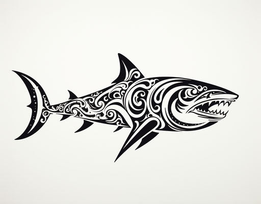 Black and white tribal tattoo with shark, decorative style