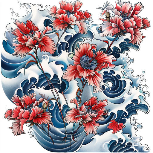 Traditional Japanese style carnation tattoo with waves and wind accents, on a white background.