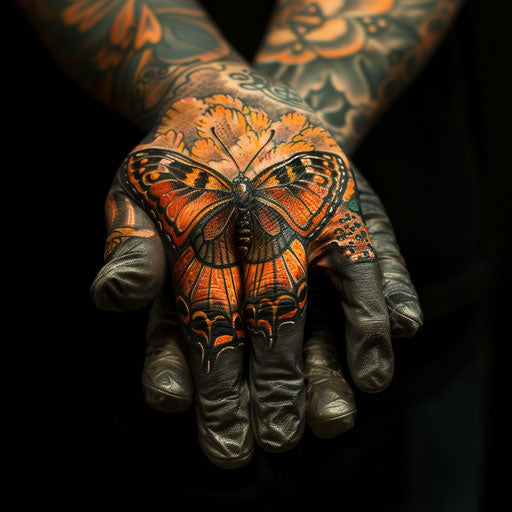 Butterfly hand tattoo with epic fantasy, Peter Jackson style